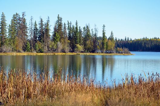 Lake in northwestern Canada during autumn season