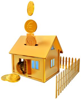 falling down euro coins into a piggy bank in the form of a gilded house as a symbol of the accumulation