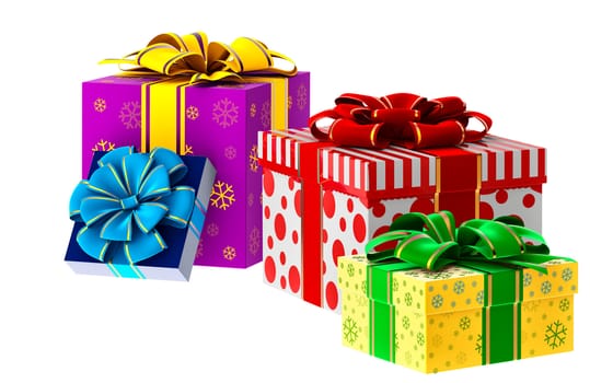 set of pink, yellow, green and blue boxes ornamented with the snowflakes and decorated by bows as gifts