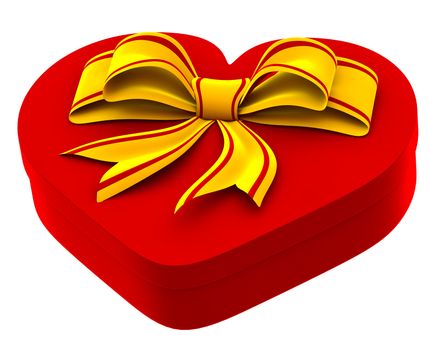 heart shaped box with golden bow for gift on white background