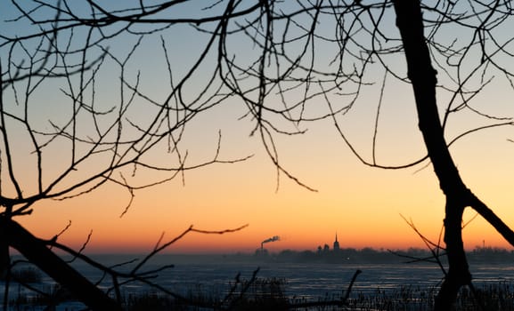 Nikolo Medvedsky Monastery in New Ladoga in winter sunset. Novaya Ladoga, Volkhov district, Leningrad region, Russia 