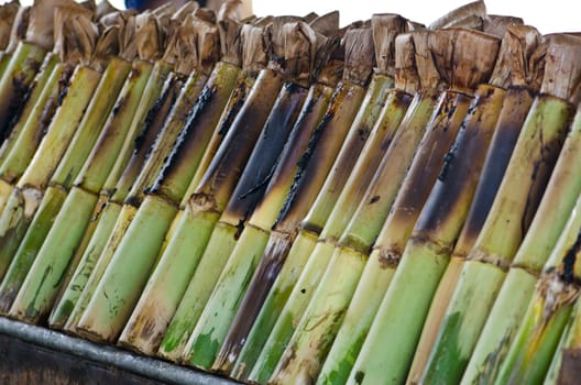 Glutinous rice roasted in bamboo joints, Thai food