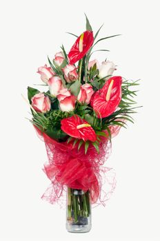 Red Anthurium and  Pink Roses Bouquet isolated on white.