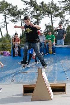 ILHAVO, PORTUGAL - MARCH 16: Joao Dantas on a FS Nose slide during the Skate Open Ilhavo on March 16, 2008 in Ilhavo, Portugal.
