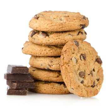 Chocolate chip cookies with chocolate parts isolated on white background.