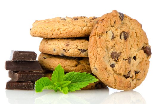 Chocolate chip cookies with chocolate parts isolated on white background.