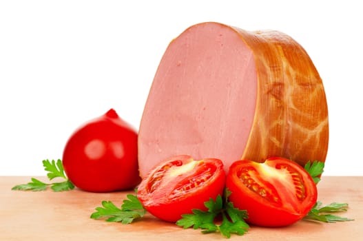 Sausage on a wooden cutting board - on a white background