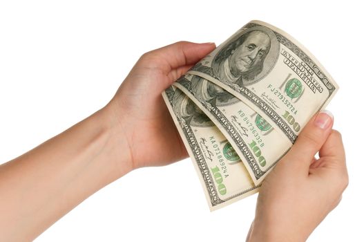 Woman hands with dollars isolated on white background