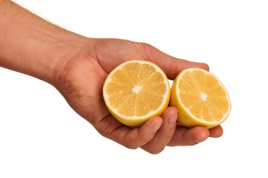 Man hand with fresh lemon isolated on white background