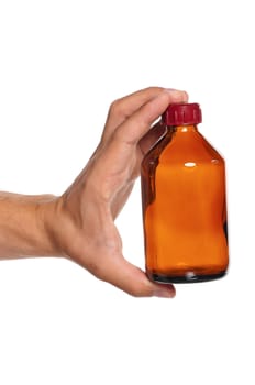 Man hand with small bottle isolated on white background