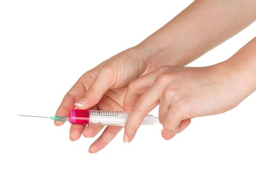 Woman hands with syringe isolated on white background