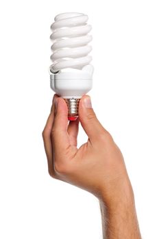 Man holding an small two light bulbs isolated on white background