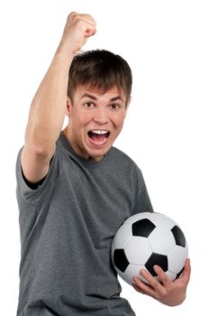 Portrait of a man standing with classic soccer ball on isolated white background