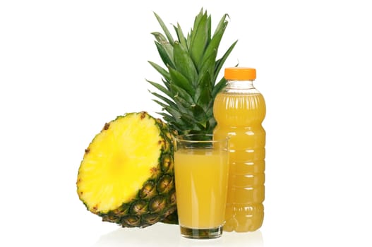 Fresh pineapple juice and ripe pineapple on white background