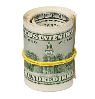 Roll of dollars with rubber band isolated on white background