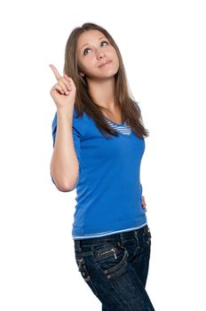Portrait of a beautiful teen girl gesturing against isolated white background