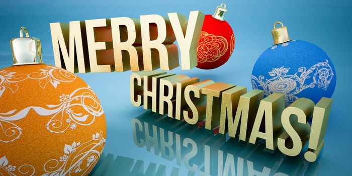 Merry Christmas greeting card, blue winter background, Christmas balls, sparkling words