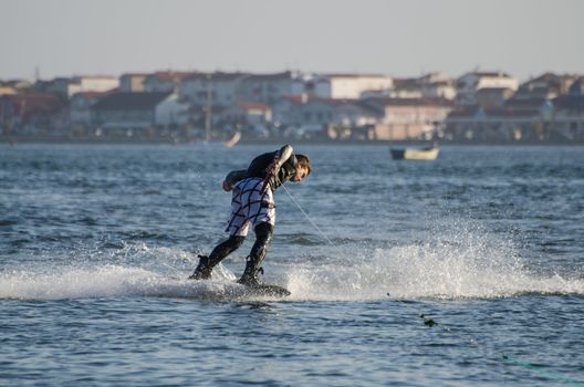 ILHAVO, PORTUGAL - JULY 21: Sergio Lopes  during the wakeboard demo in the 3rd Kiteloop Contest Aveiro 2012 on july 21, 2012 in Ilhavo, Portugal.