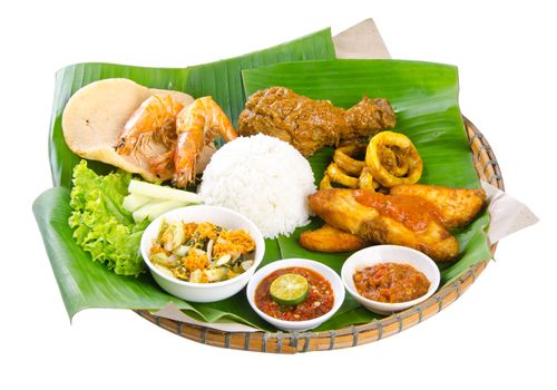 Indonesian traditional food, chicken, fish, vegetables