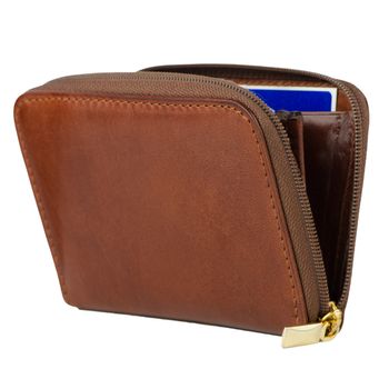 Brown leather wallet isolated over white background.