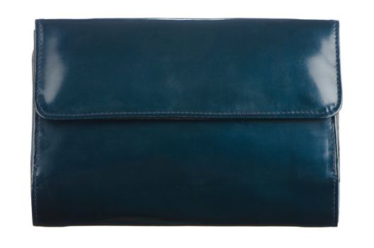 Blue leather purse isolated on white background.