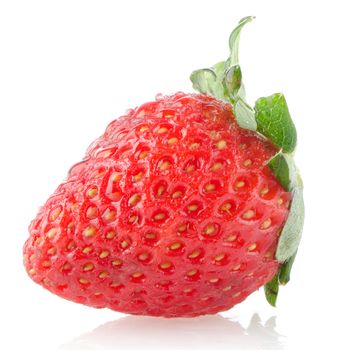 Fresh strawberry on a white reflective background.