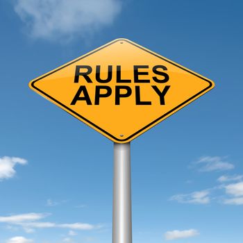 Illustration depicting a roadsign with a rules concept. Sky background.