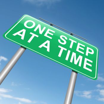 Illustration depicting a roadsign with a one step at a time concept. Sky background.