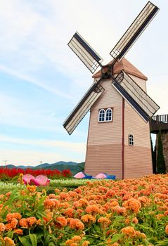 Windmill and flower garden with blue sky in Thailand