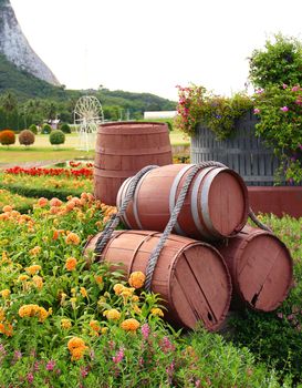 Wine barrel decorated in a vineyard