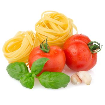 Composition of: tomato, tagliatelli, garlic and  basil Isolated on white background.