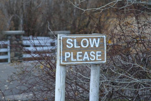 Sign that read slow please taken in the fall.







Slow Pleease sign.







Slow Please