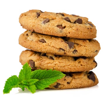 Chocolate cookies with mint leaves isolated on white background.