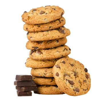 Chocolate chip cookies with chocolate parts isolated on white background.