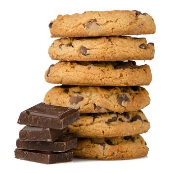 Chocolate chip cookies with chocolate parts isolated on white background.