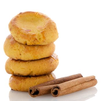 Homemade biscuits with eggs and cream on white background.