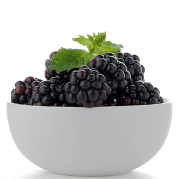 Blackberries in White Bowl isolated on white background.