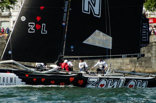 PORTO, PORTUGAL - JULY 07: ZouLou compete in the Extreme Sailing Series boat race on july 07, 2012 in Porto, Portugal.
