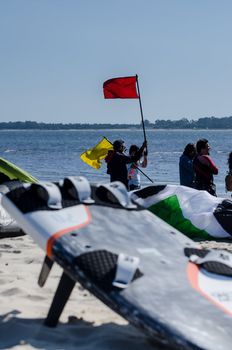 MURTOSA, PORTUGAL - JULY 14: Participants in the Portuguese National Kitesurf Championship 2012 on july 14, 2012 in Murtosa, Portugal.