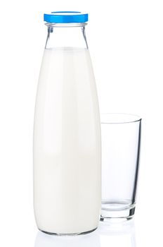 Bottle of milk and empty glass isolated on white background