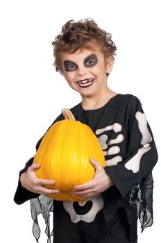 Portrait of little boy wearing halloween costume with pumpkin on white background