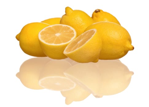 Fresh ripe lemons with half isolated on white background