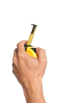 Man hand with tape measure isolated on white background