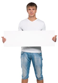 Handsome man portrait with empty white board isolated on white background