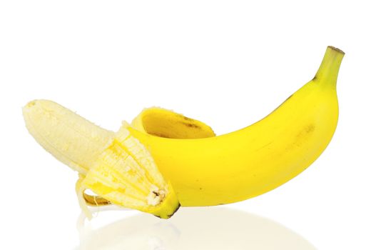 Open ripe banana isolated on white background