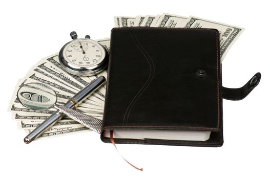 Heap of dollars with stopwatch and notepad isolated on a white background