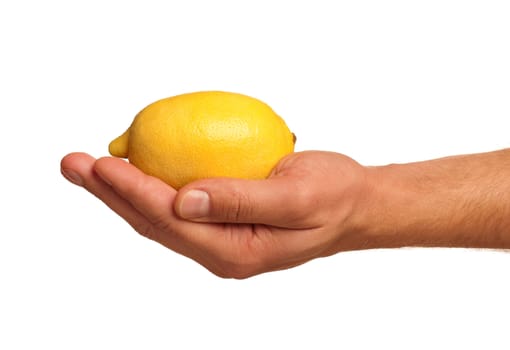 Man hand with fresh lemon isolated on white background