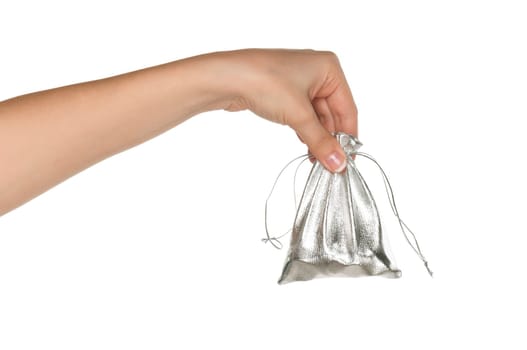 Woman hand with money bag isolated on white background