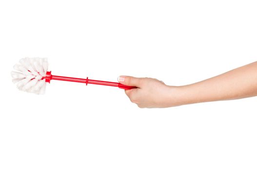 Woman hand with plastic red toilet brush isolated on white background