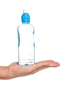 Man holding a bottle of water isolated on white background